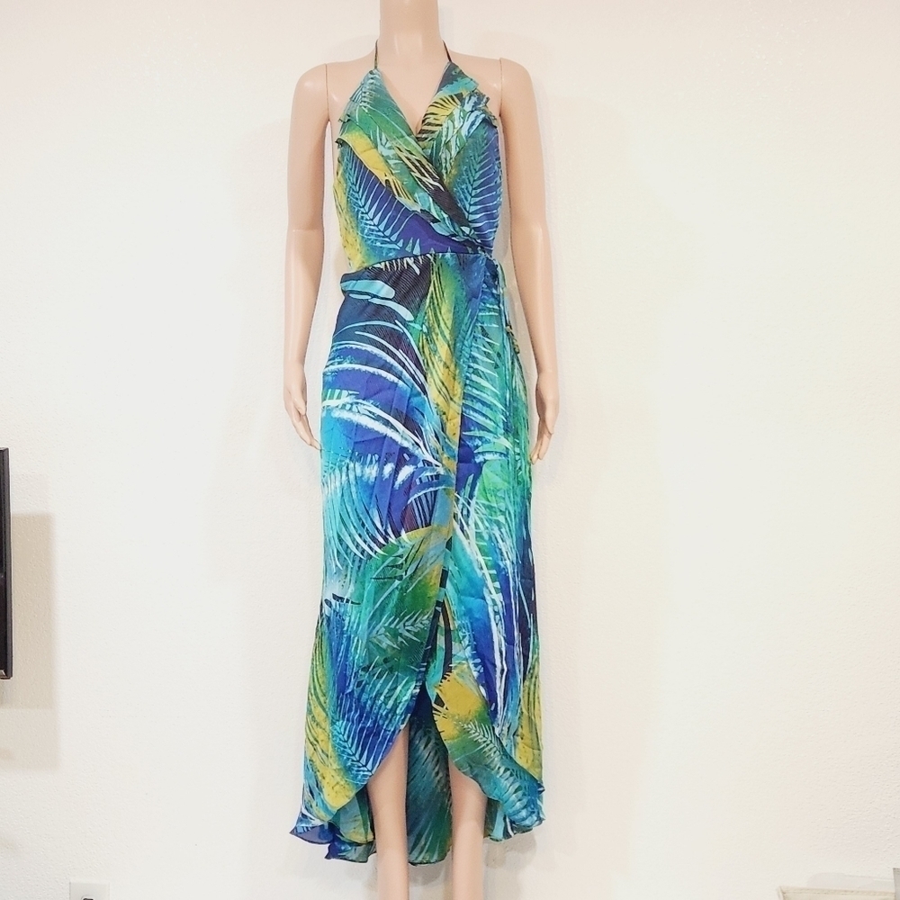Cache Tropical Wrap, Sexy Blue, Green, Yellow MAXI DRESS Size S